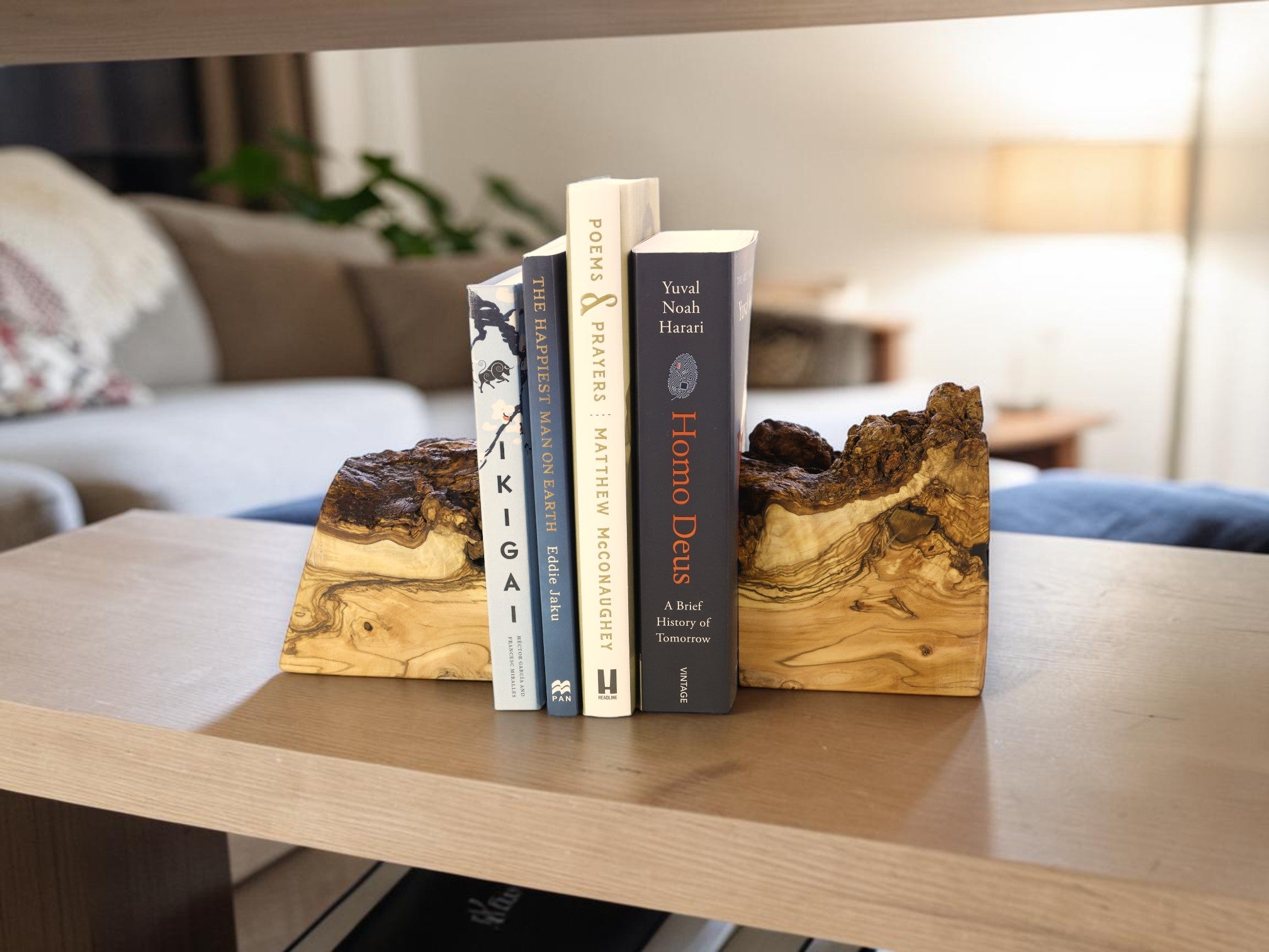 Handcrafted Mediterranean olive wood bookends, unique grain and rich tones, by Clint Graham Maltese Artisan