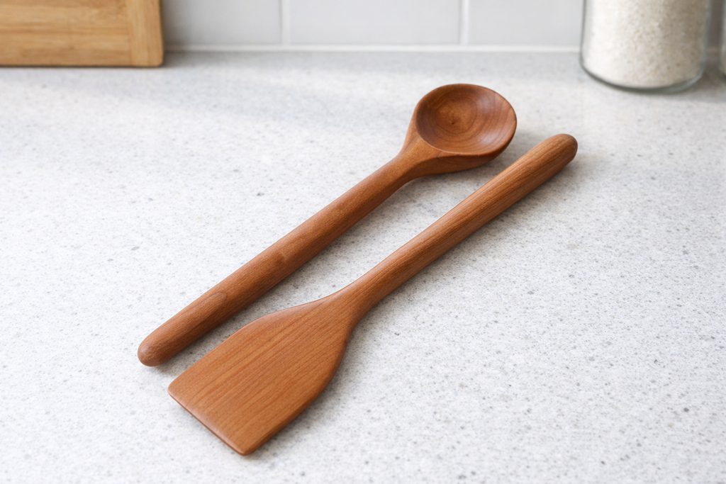 Tat-Tisjir u L-Ispatula Set, handcrafted cherry wood spoon and spatula 31cm each, walnut oil finish, by Clint Graham Maltese Artisan