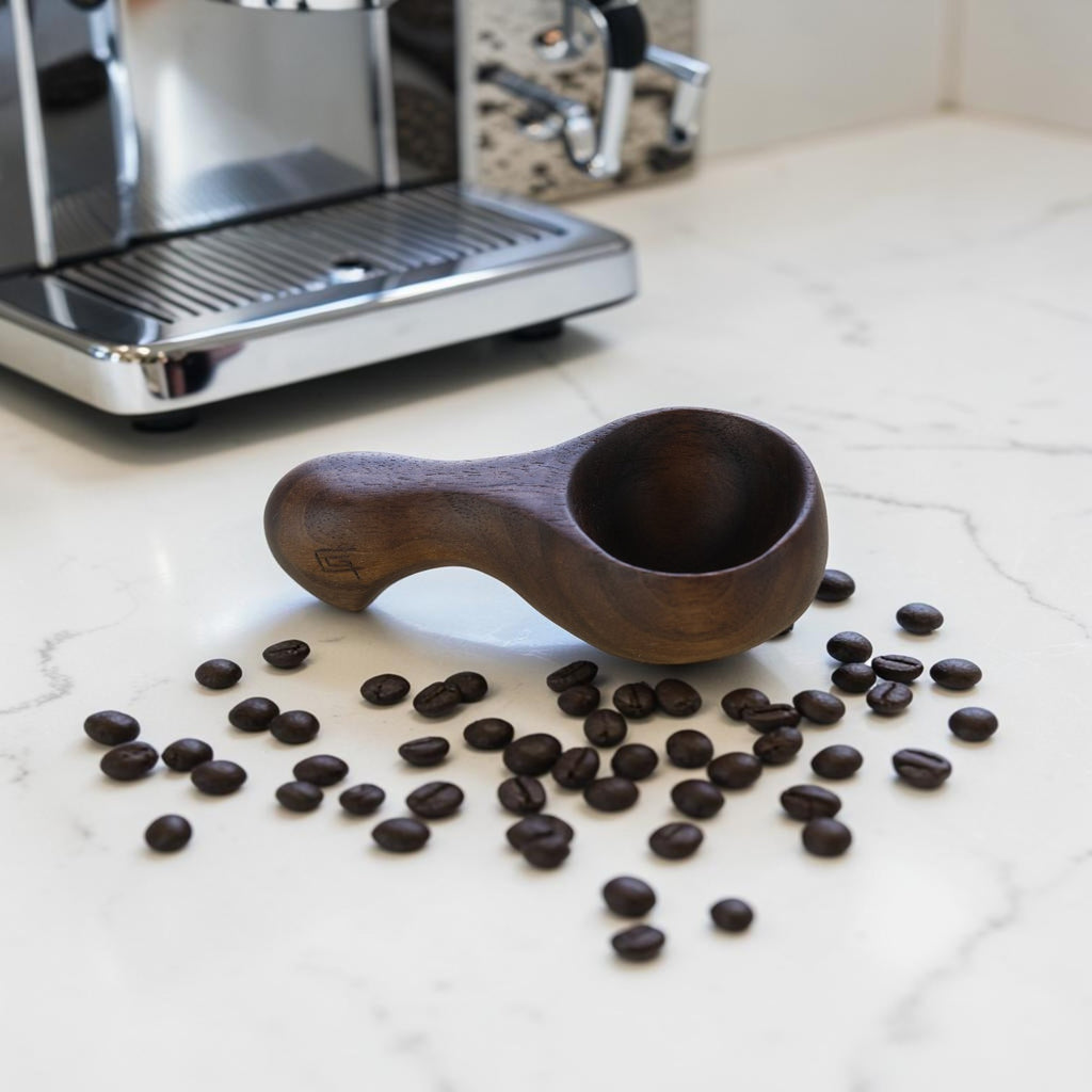 Tal-Kafè handcrafted solid walnut coffee scoop 10cm, food-safe walnut oil finish, by Clint Graham Maltese Artisan