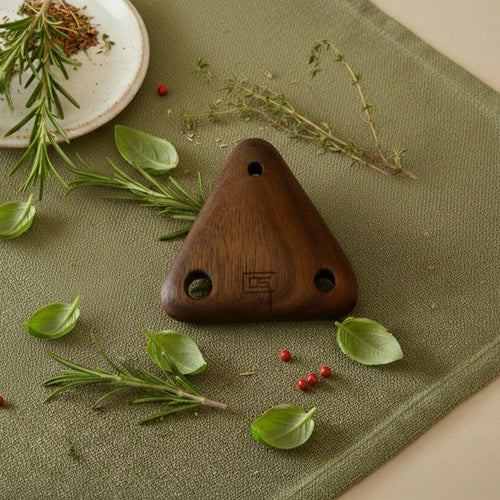 Handcrafted walnut wood herb stripper 6x6x6cm, multiple sized holes for all herb varieties, by Clint Graham Maltese Artisan