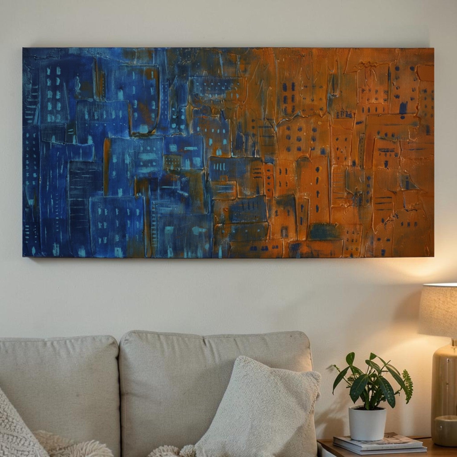 Metropolis - From Dusk till Dawn, original acrylic painting, 80x40cm, blue and orange urban skyline by Clint Graham Maltese Artisan