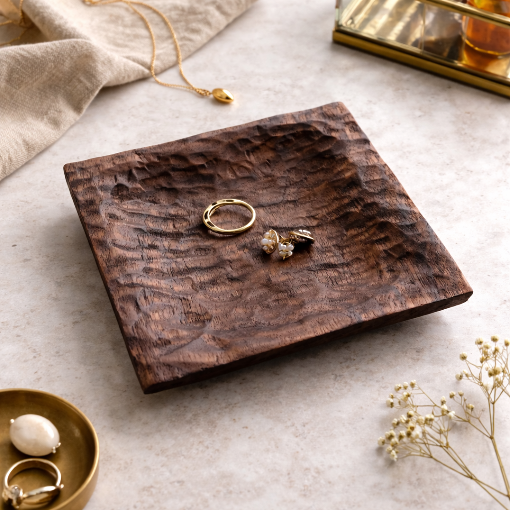 Tiny Treasures Tray, handcrafted walnut wood trinket tray 12x12cm, smooth natural grain finish, by Clint Graham Maltese Artisan