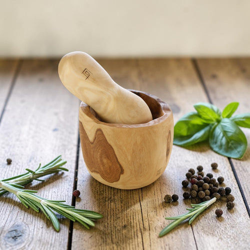 Il-Mehrież handcrafted olive wood mortar and pestle 9cm diameter, dual-ended pestle, walnut oil finish, by Clint Graham Maltese Artisan