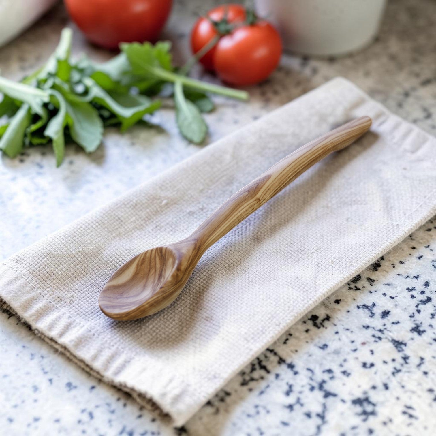 Taz-Zalza handcrafted olive wood tasting spoon, 23cm, food-safe walnut oil finish, by Clint Graham Maltese Artisan