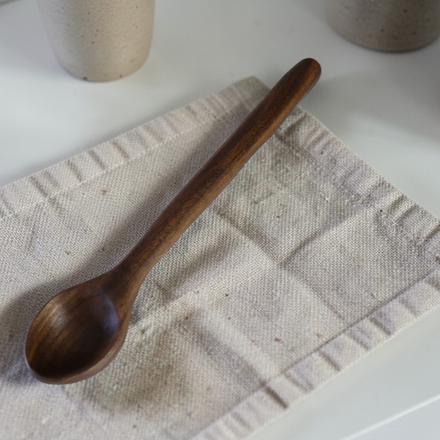 Taz-Zalza handcrafted walnut wood tasting spoon 23cm, unique grain, walnut oil finish, by Clint Graham Maltese Artisan