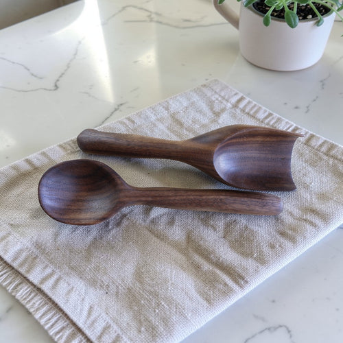 L-Imgharfa u Tad-Dqiq Set, handcrafted solid walnut wooden spoon and flour scoop by Clint Graham Maltese Artisan
